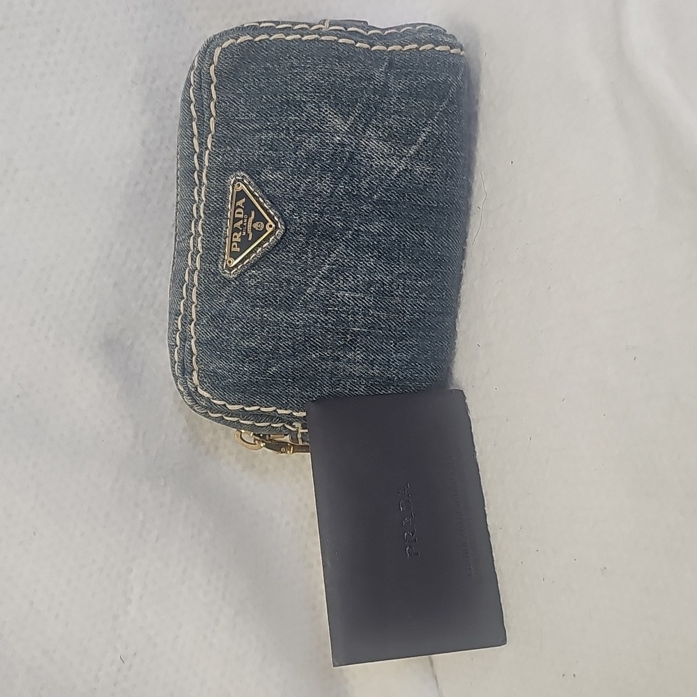 PRADA LOGO PLATE DENIM COSMETIC POUCH BAG BLUE - Picture 12 of 12